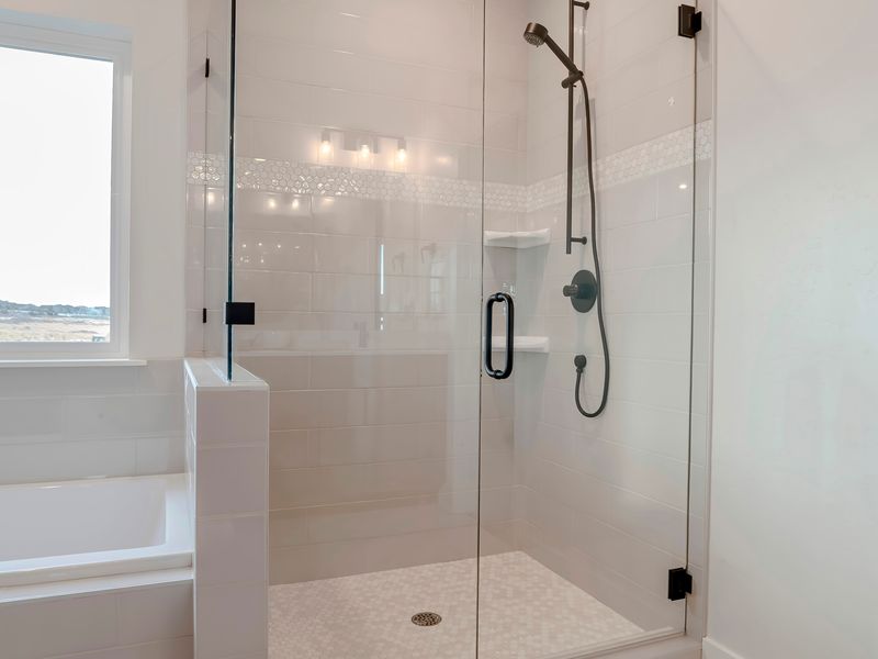 Glass shower door and enclosure beside a soaking tub